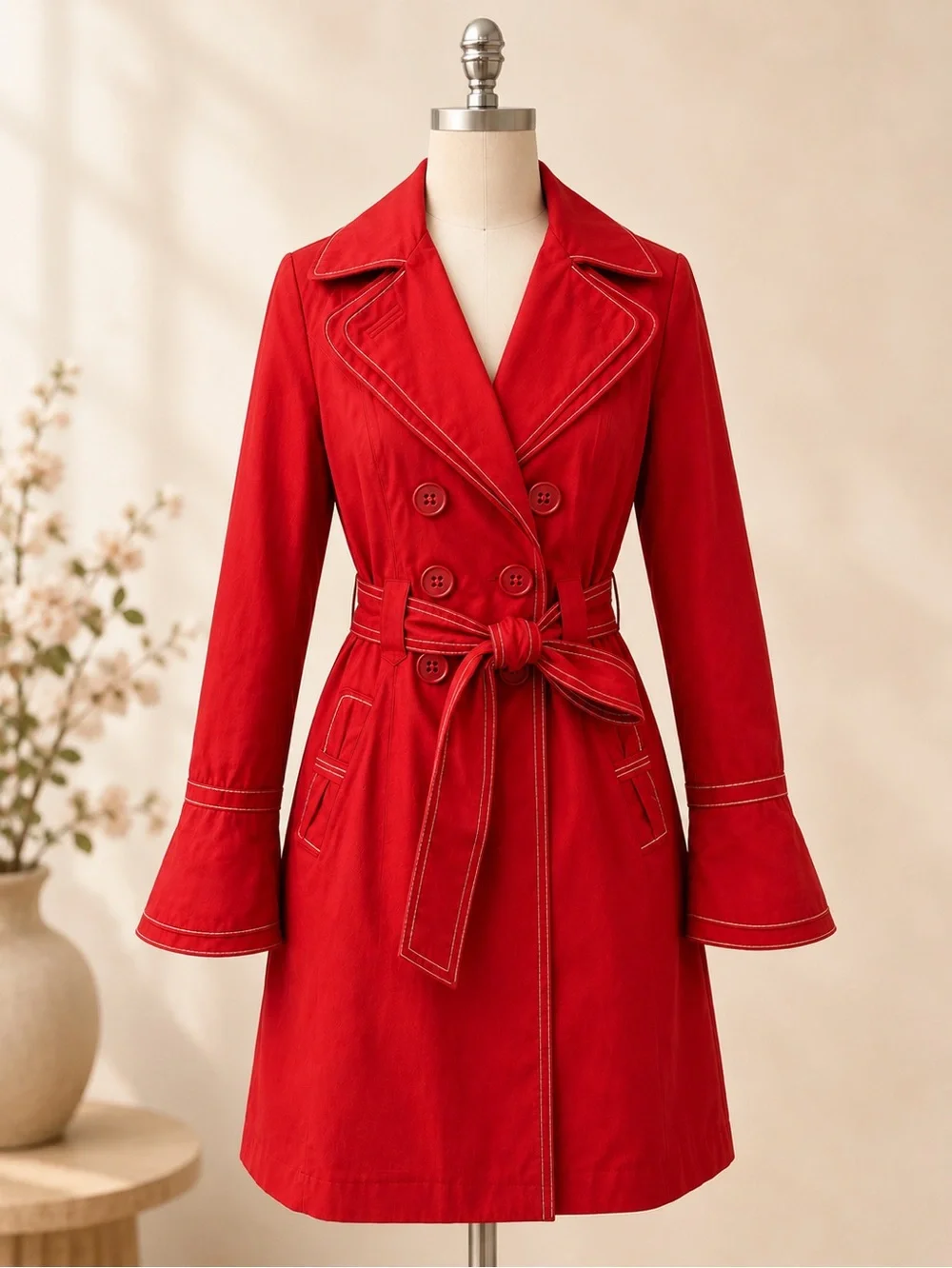 Laundry By Design Red Coat Bell Sleeve Trench Jacket Belted Cotton Fabulous - Picture 2 of 13